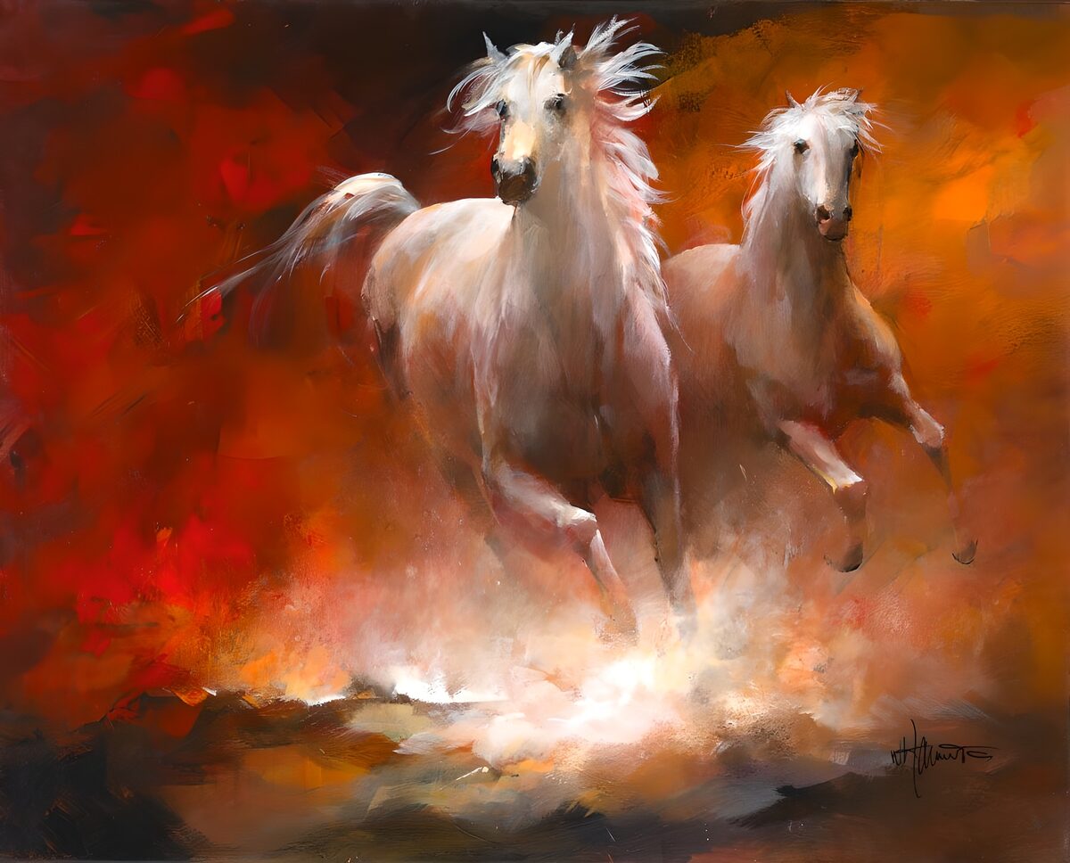 To hvide heste i fyrig galop