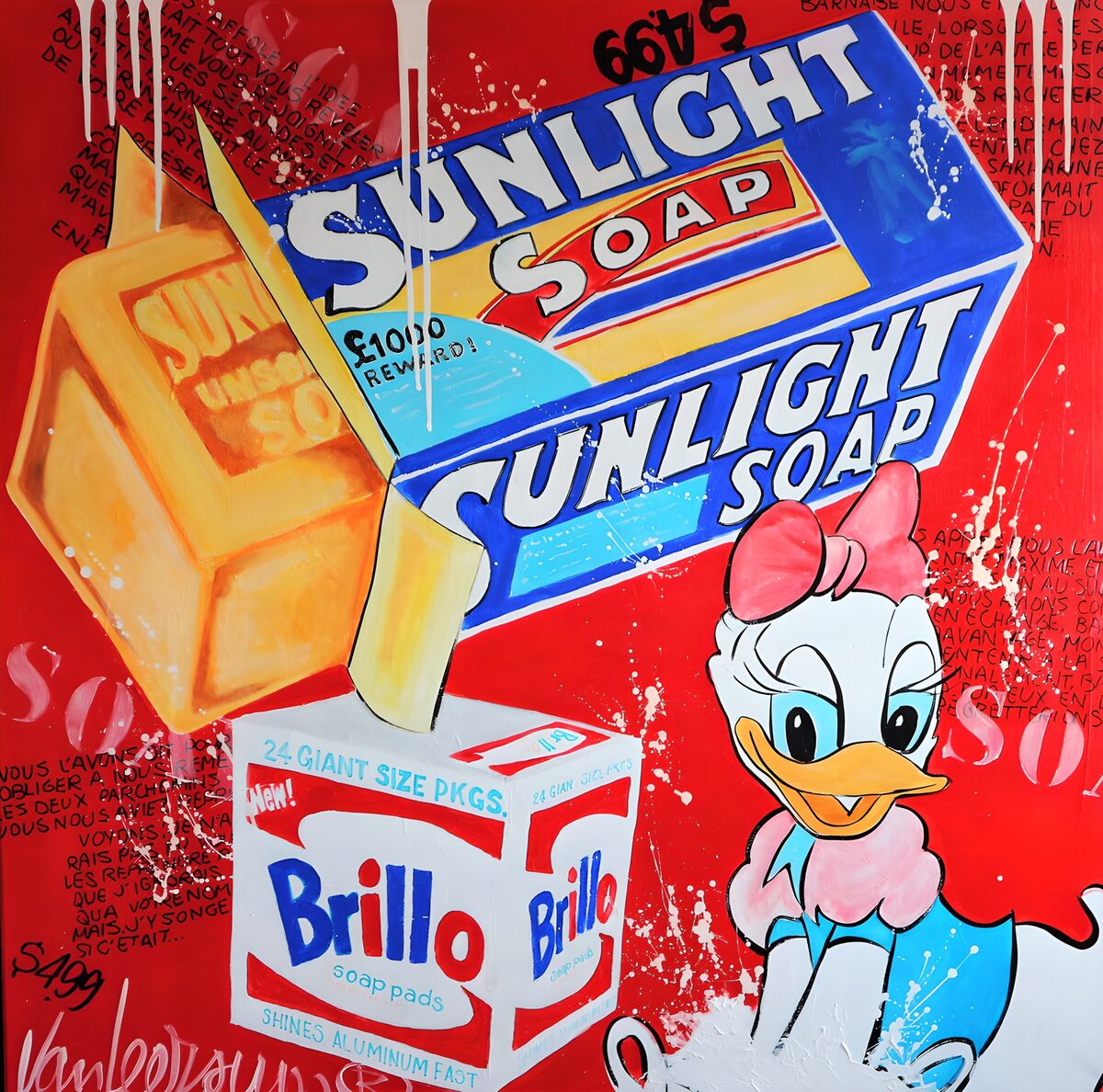 Andersine og sæbeæsker i farverig popart