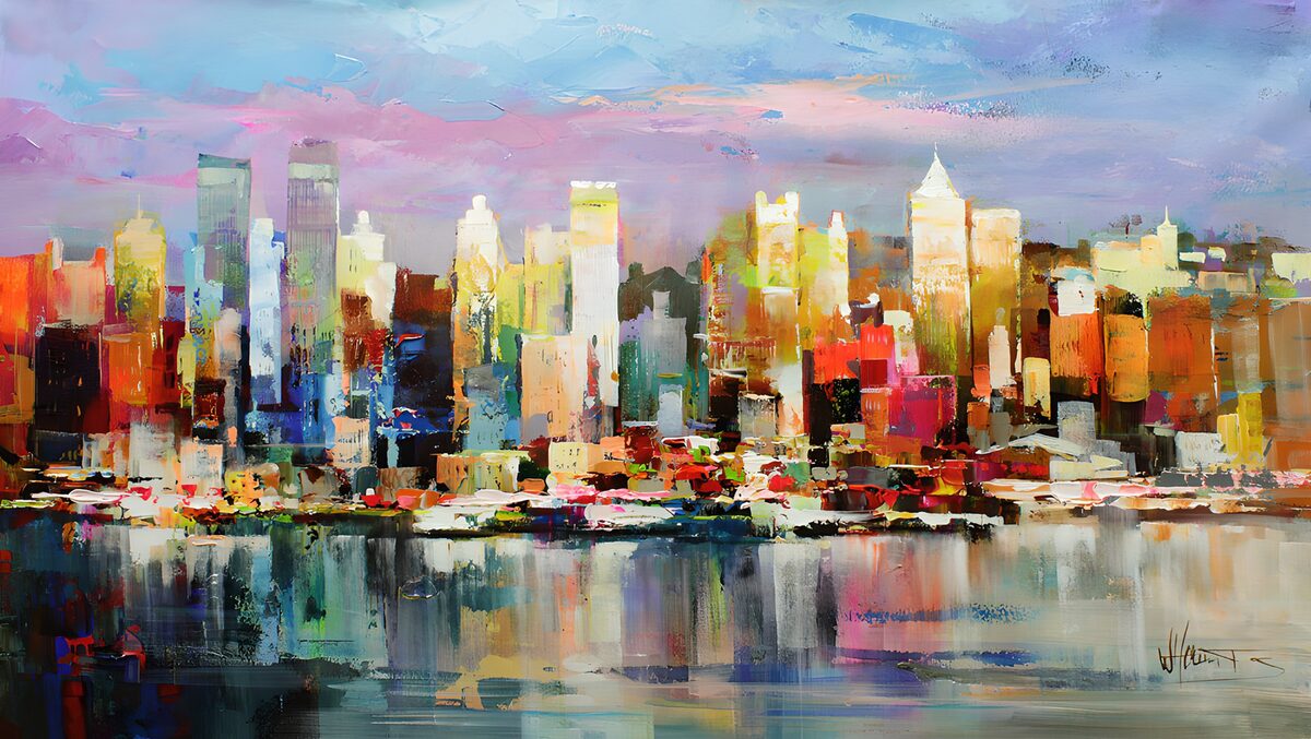 Farverig skyline spejlet i stille vand