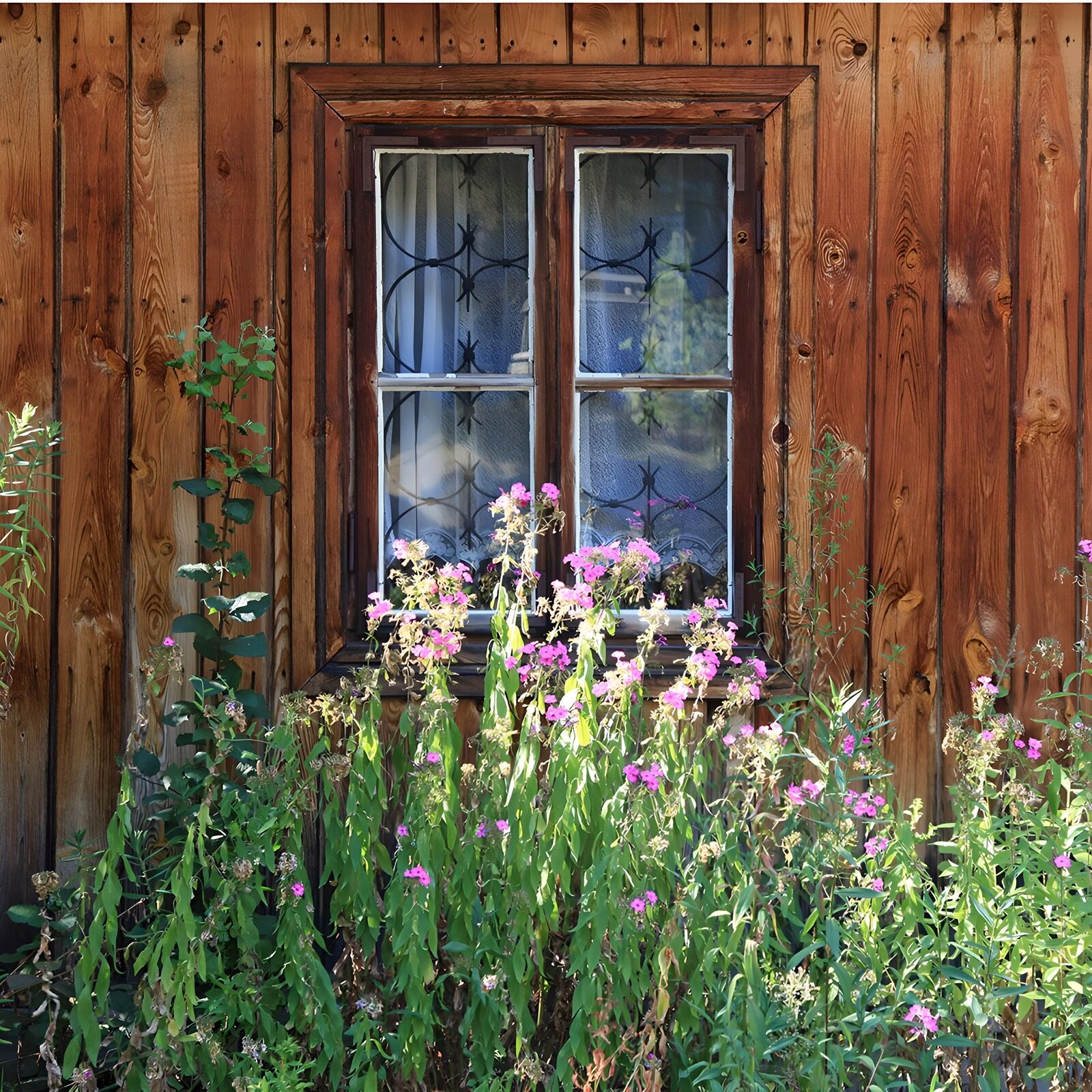 HPDK10132: Træfacade med vindue og lyserøde blomster