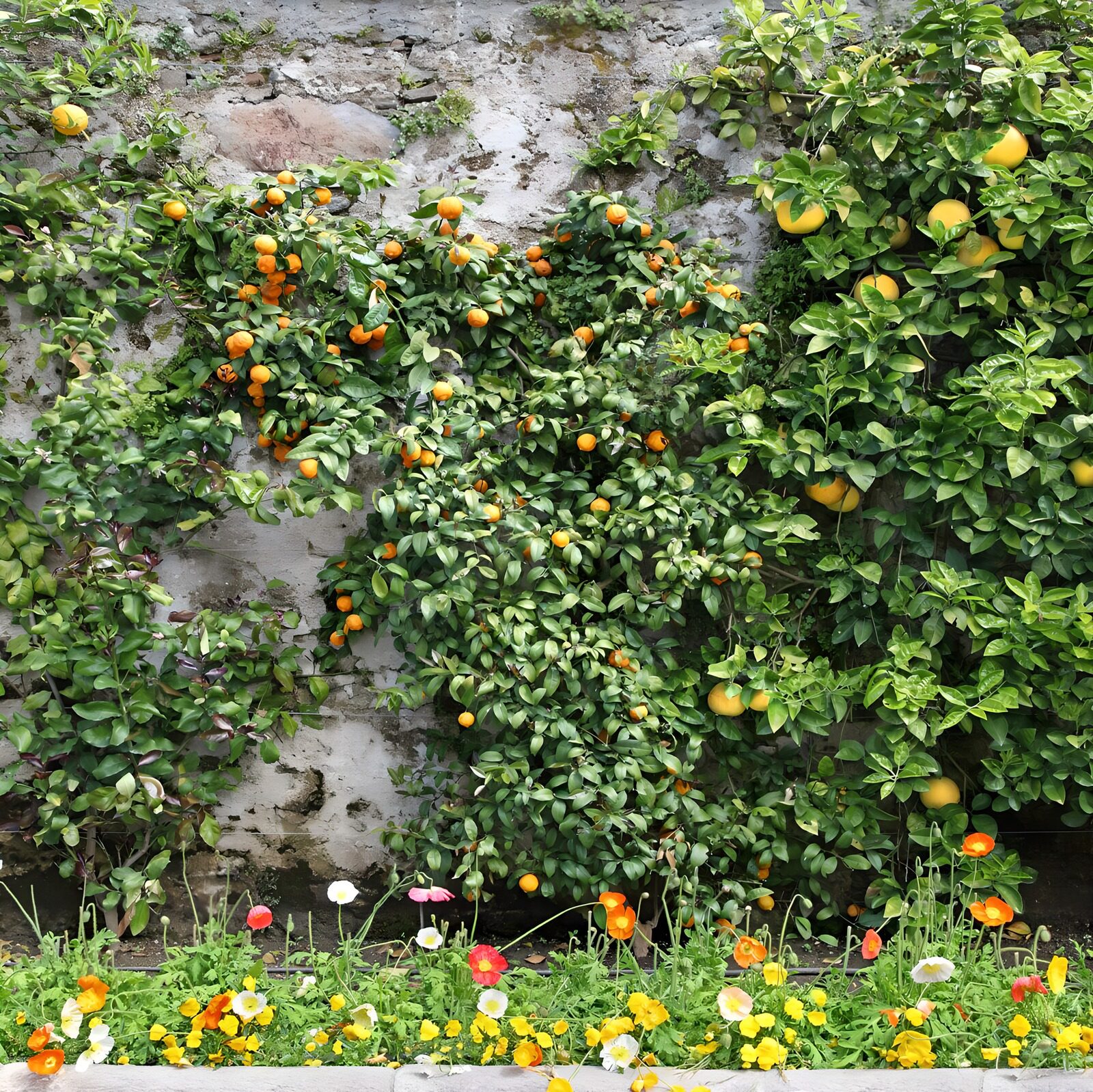 HPDK86480: Citrustræer og blomster ved en slidt mur