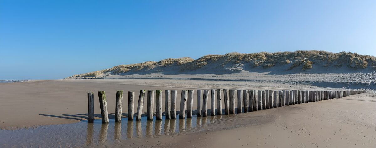 HPDK59001: Træpæle på stranden i klart solskin