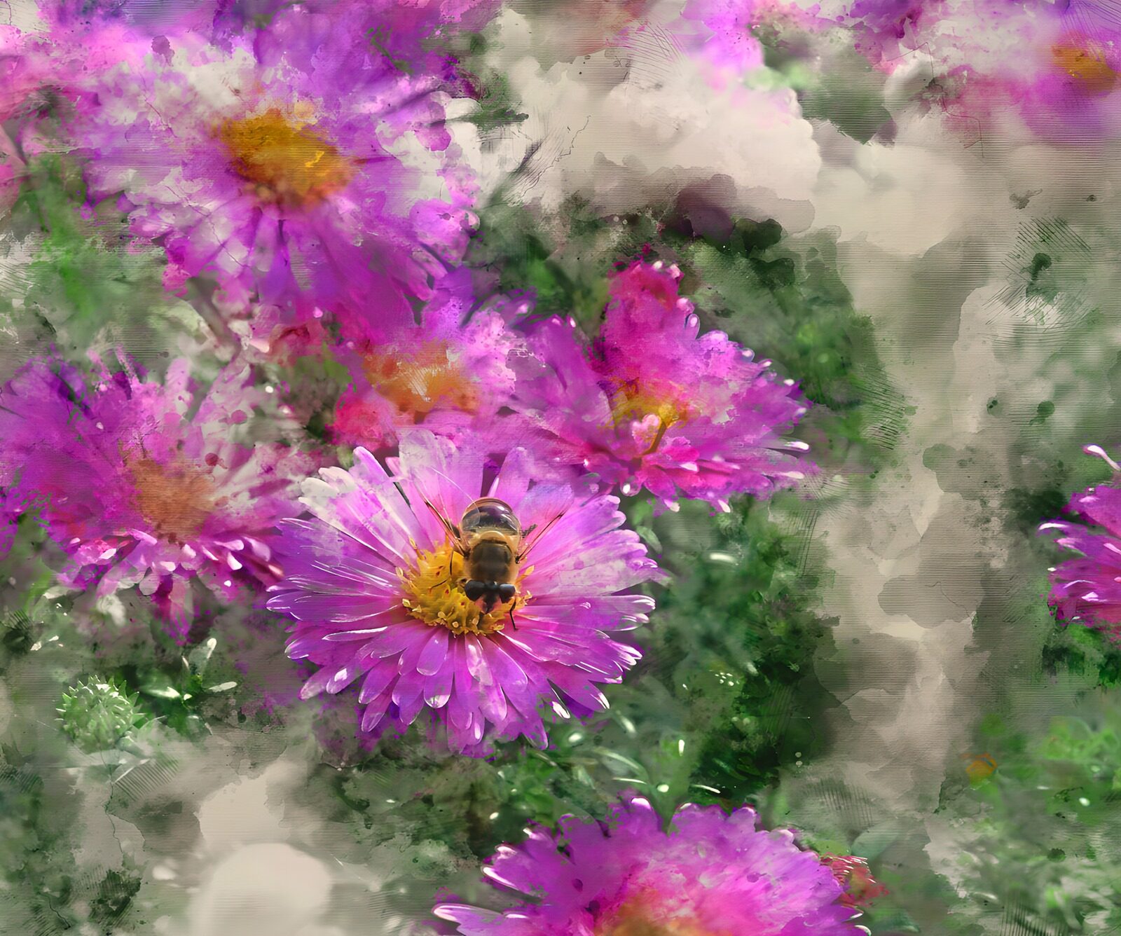 HPDK80444: Bi og lyserøde blomster i blødt lys