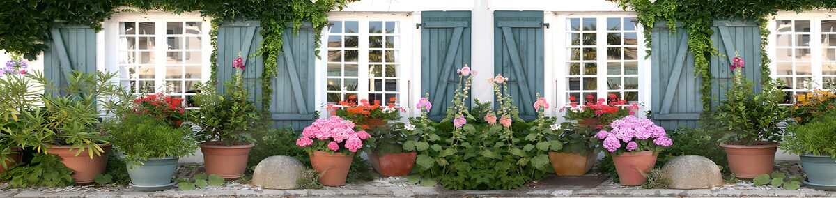 Blomsterkrukker ved blågrønne skodder