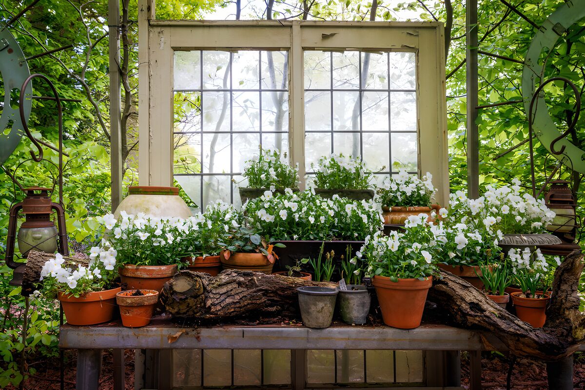 HPDK25607: Hvide stedmoderblomster i rustikke krukker