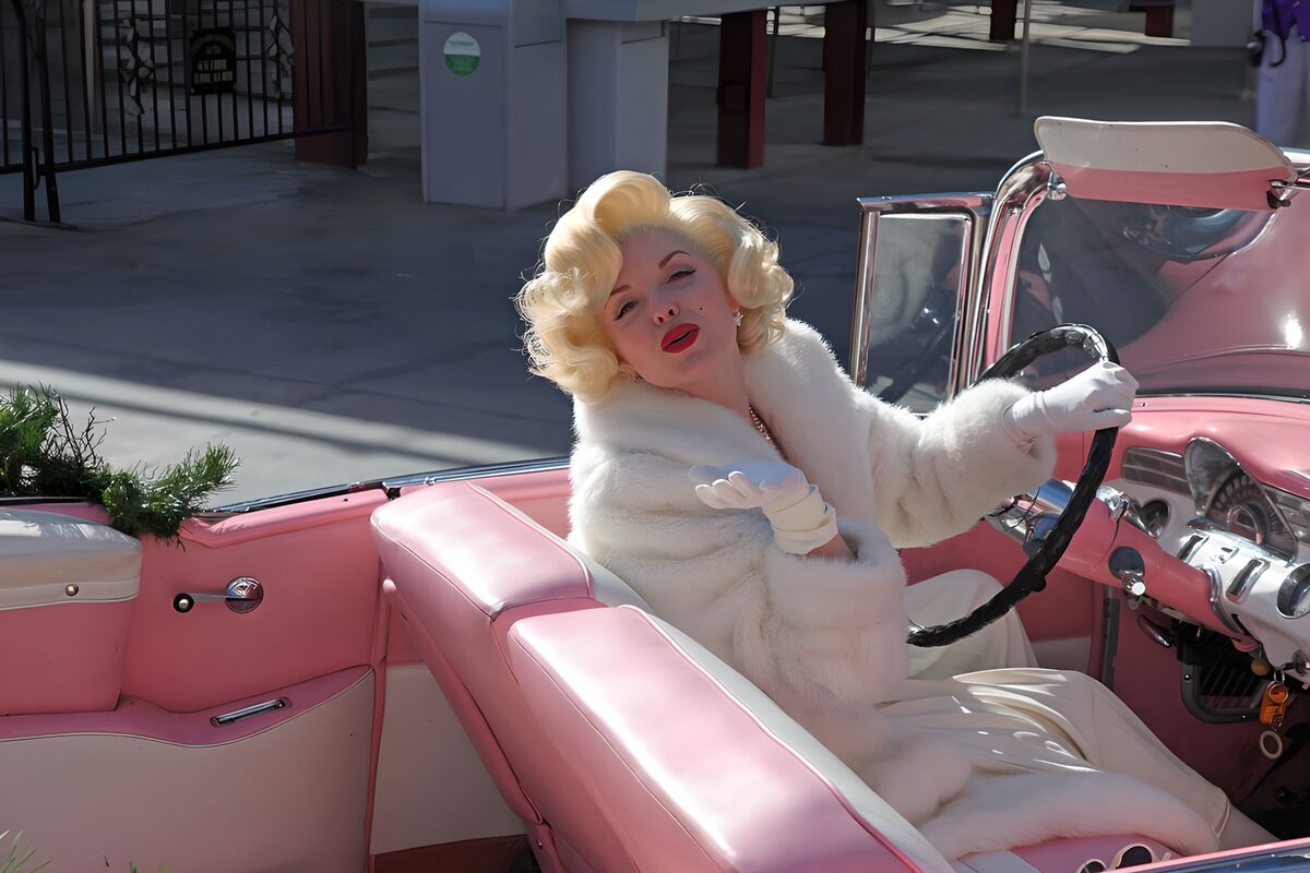 Blondine i lyserød cabriolet med stil