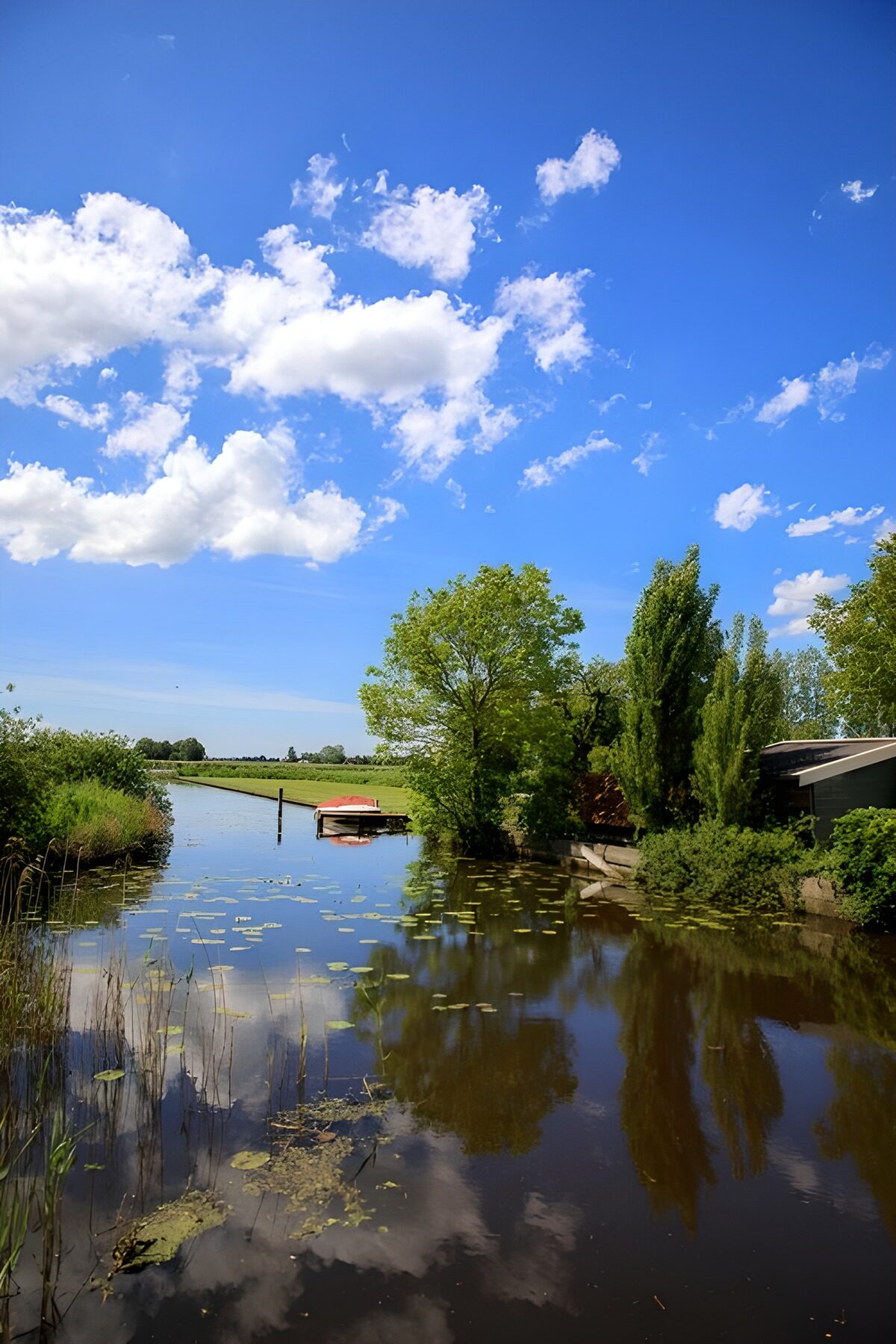 HPDK37315: Båd ved bådebro under blå sommerhimmel