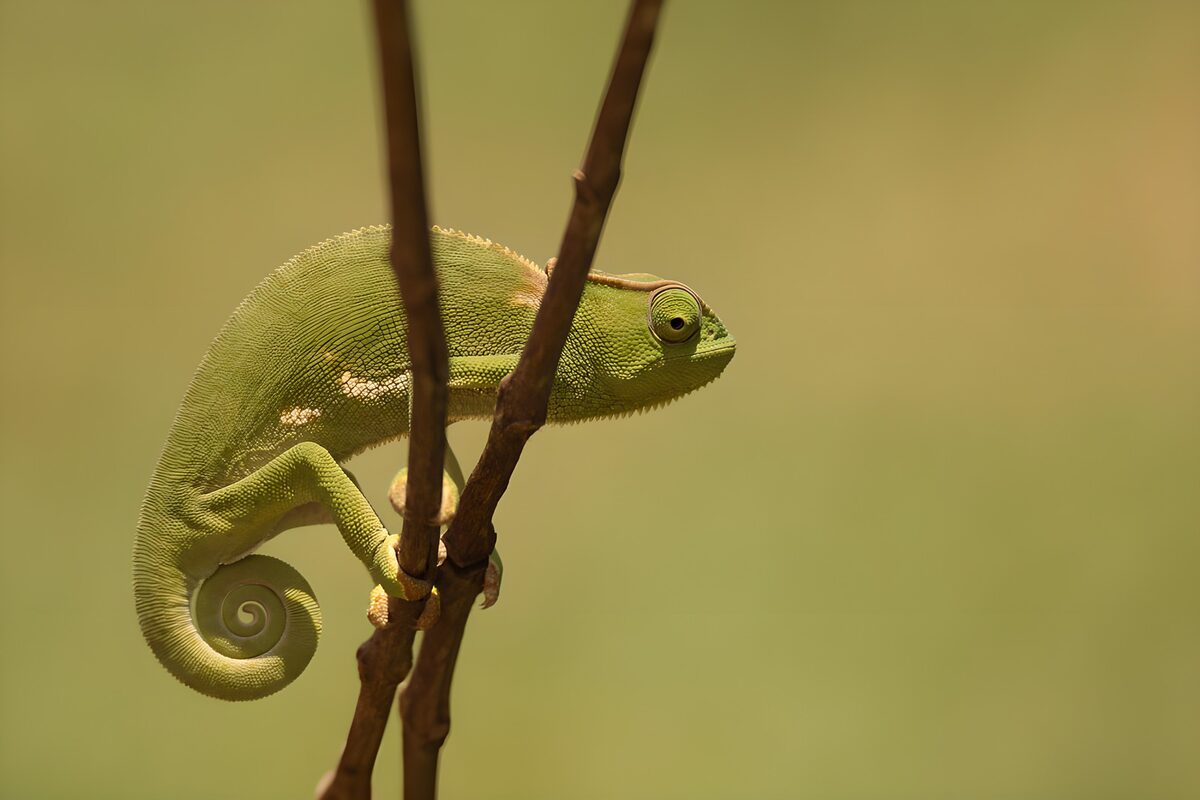 Grøn kamæleon på grene i varmt lys