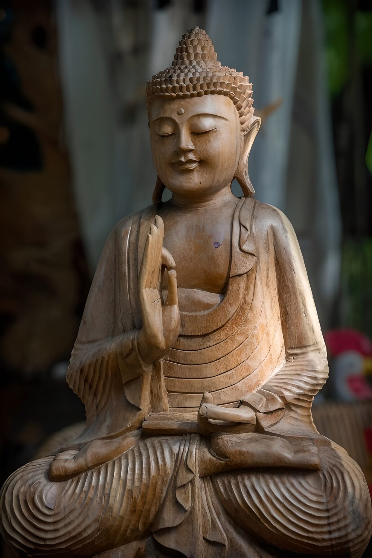 HPDK44534: Buddha af træ med løftet hånd
