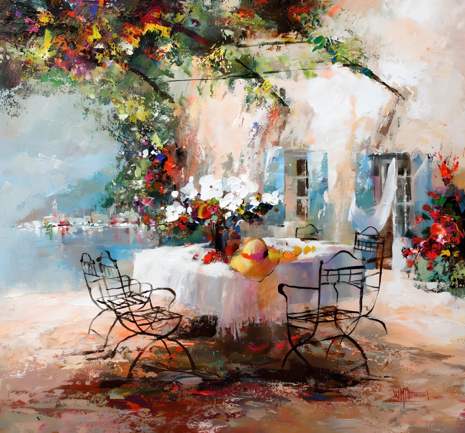 HPDK26162: Terrassebord med blomster og havudsigt
