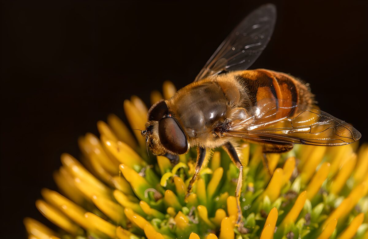 Svirreflue på gul blomst i varmt lys